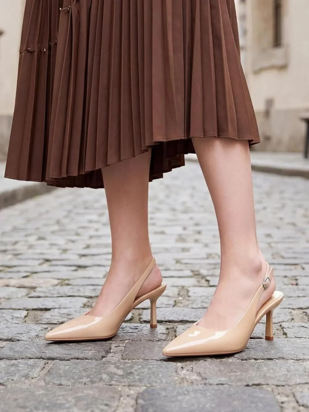 Women's Nude Rubber Slingback Kitten Heels Closed Pointed Toe Buckle Pumps